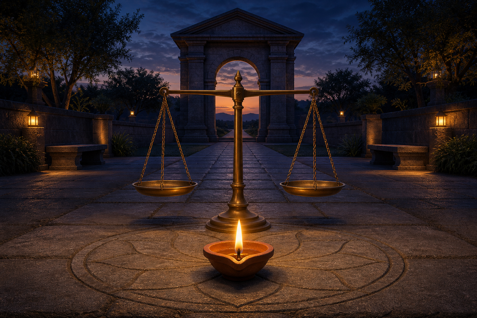 A clay oil lamp burns before balanced brass scales in a stone courtyard, with an evenly spaced path leading through an open arch.