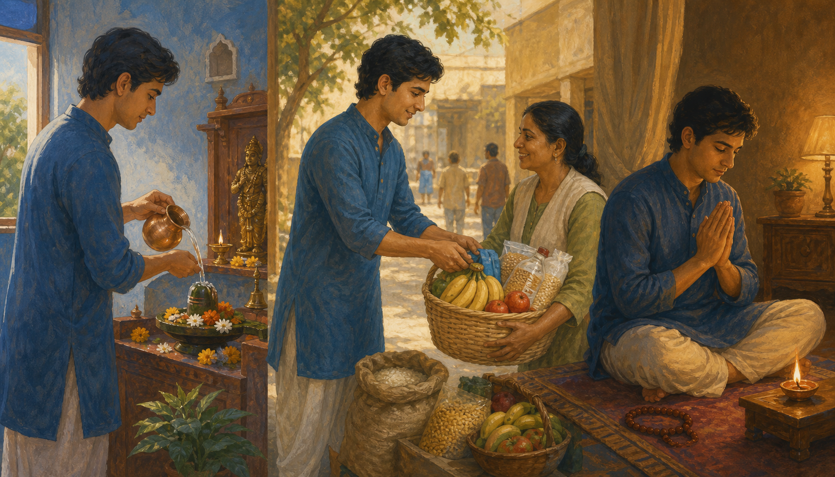 A three-part scene shows morning worship at home, a midday donation of food and supplies, and quiet evening prayer beside an oil lamp.