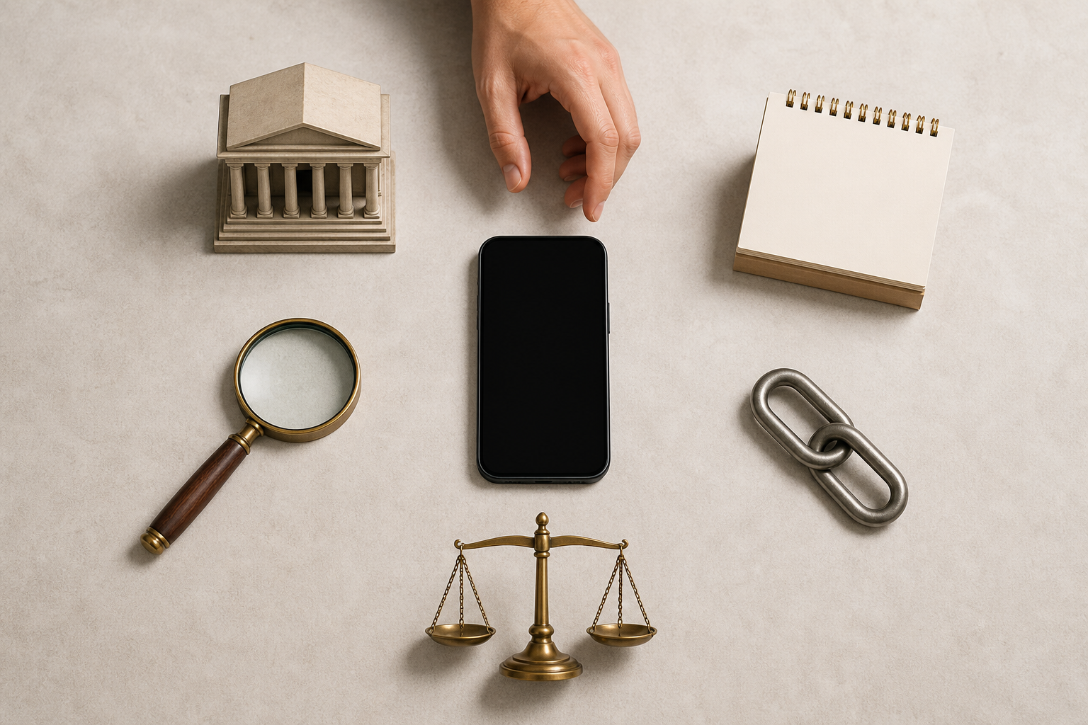 A hand pauses above a blank smartphone surrounded by a courthouse model, an unmarked calendar block, a magnifying lens, two metal links, and balanced scales.