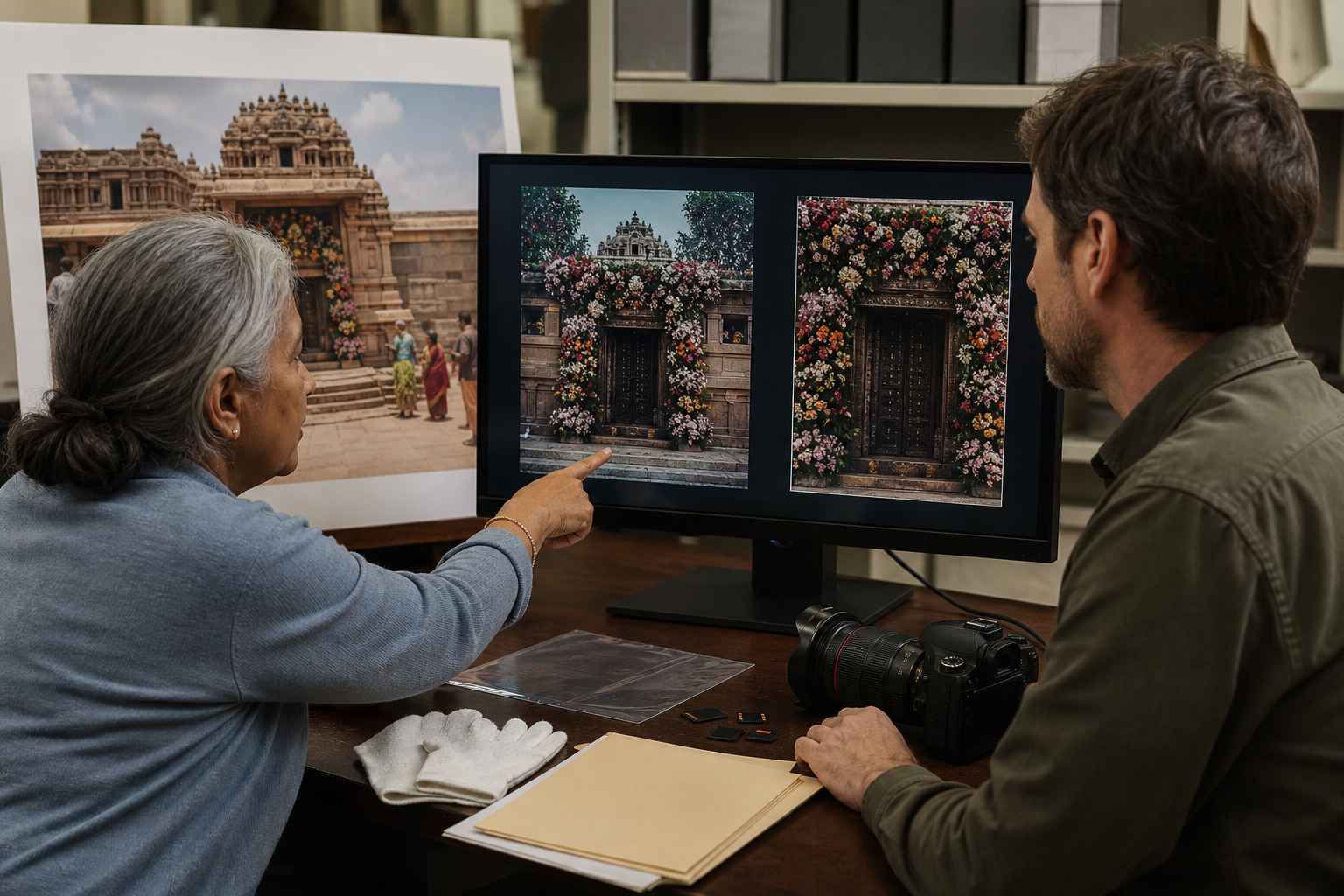 A community archivist and photographer review the framing of a temple doorway photograph together at an editing monitor.