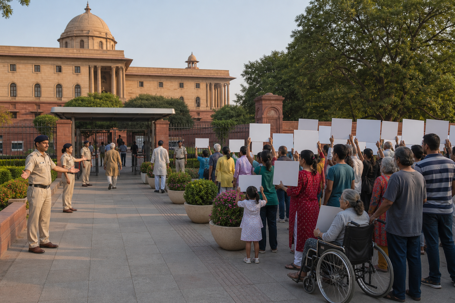 Peaceful citizens with blank placards gather in a public plaza beside an orderly pedestrian checkpoint and low security barriers.