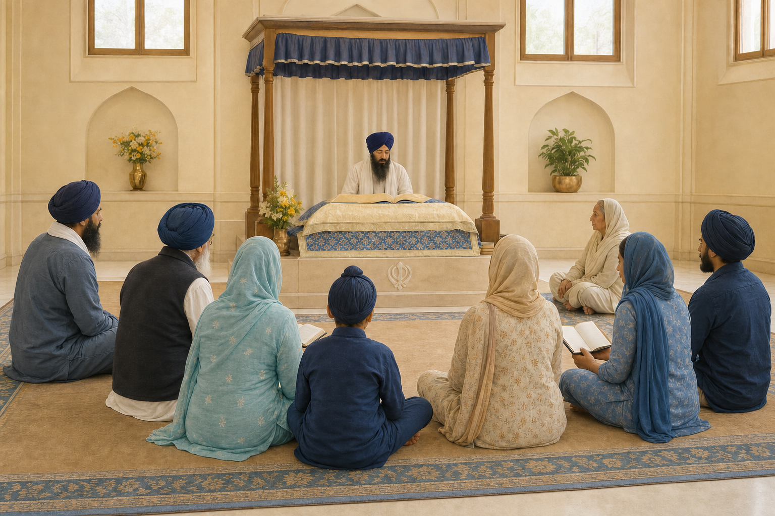 An intergenerational Sikh sangat sits with covered heads in a semicircle, listening to a reader in a softly lit gurdwara learning room.