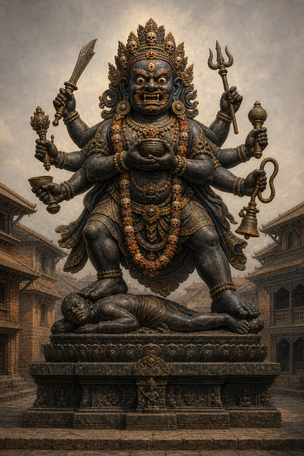 Full-length vertical view of a monumental Bhairav image, showing the pedestal, feet, subdued figure, garland, multiple arms, ritual attributes and crowned face from bottom to top.