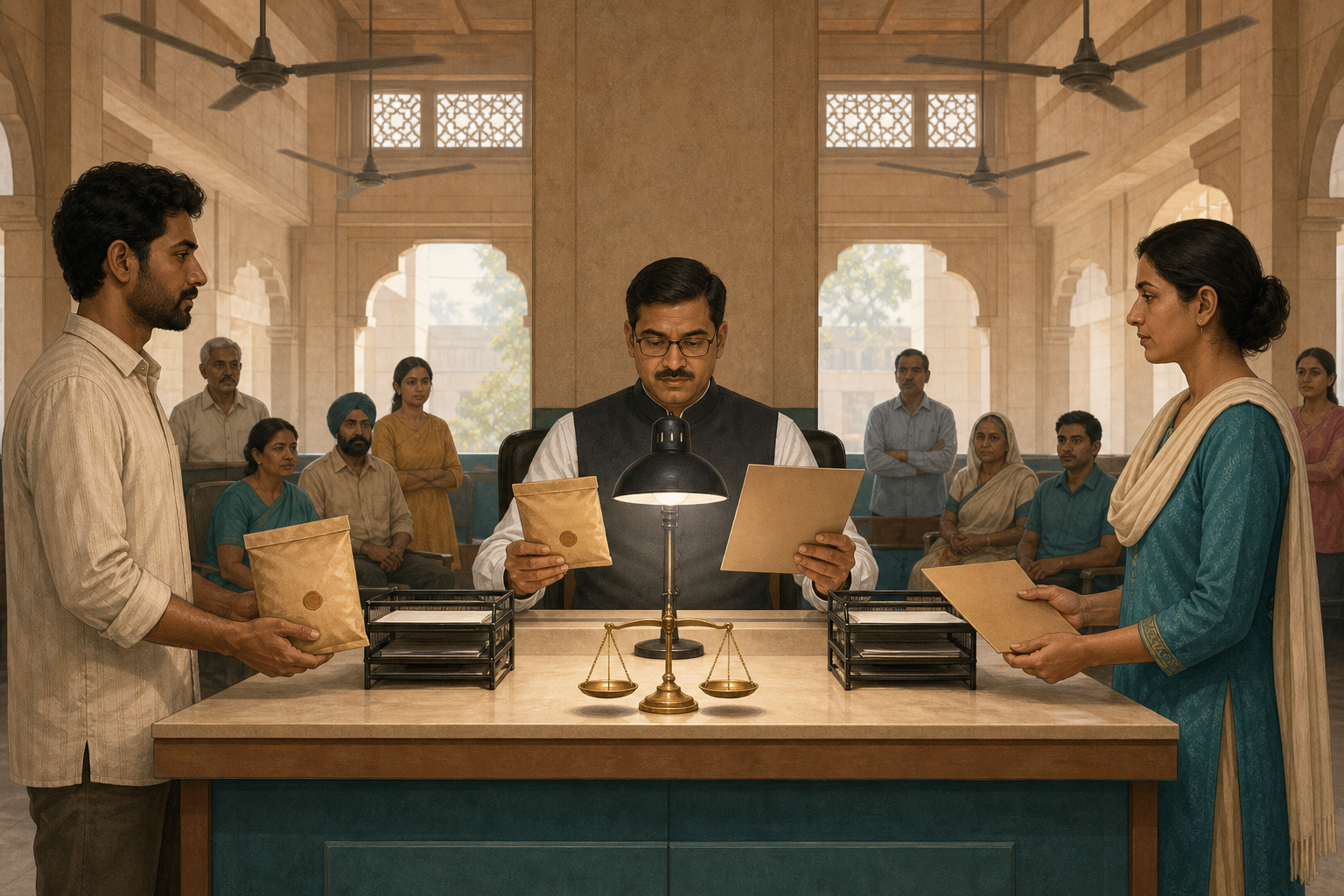 An Indian public official sits at a symmetrical service counter between a shopper with a packaged food item and a citizen with a benefit application folder.