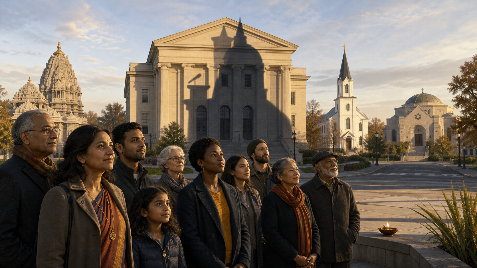 Editorial illustration of a Hindu American family and diverse neighbors in a civic plaza, with separate houses of worship and a courthouse partly covered by a shadow combining a church steeple, political podium, and government dome.