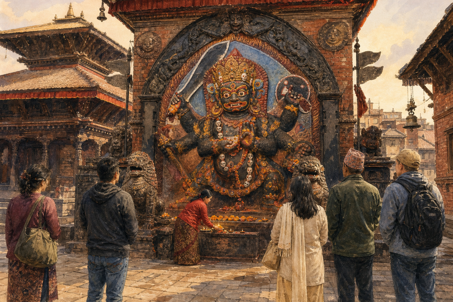 Visitors stand quietly before the monumental Kal Bhairav shrine in Basantapur while a devotee places marigold flowers at the offering area.