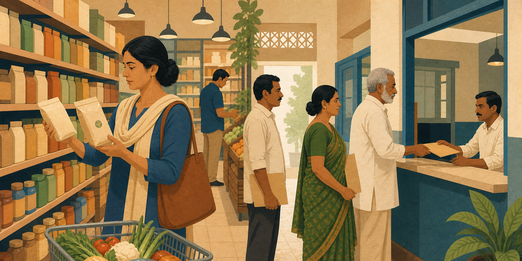 A split scene shows a shopper comparing packaged foods in an Indian grocery and citizens applying for a public benefit at a government service counter.