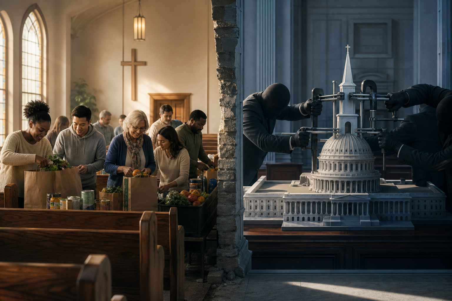 Split editorial scene showing diverse church volunteers packing groceries on one side and anonymous political figures clamping a model church steeple onto a government dome on the other.