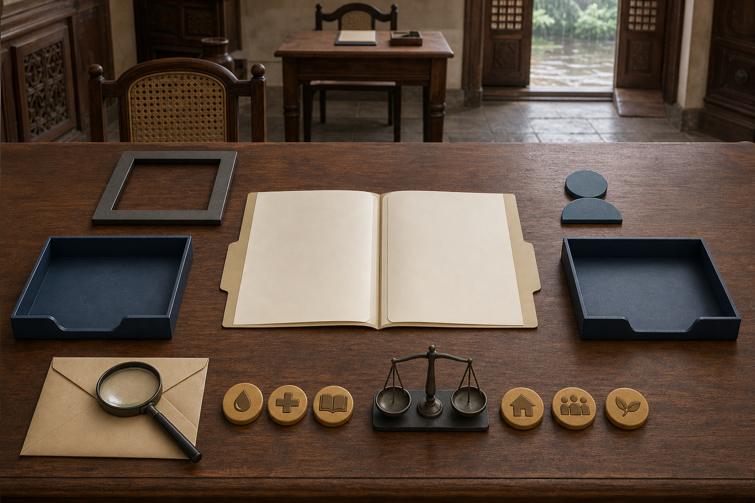 Six review objects surround a blank case folder on an administrative desk, including matching trays, a magnifying glass, an appeal doorway, and balanced service tokens.