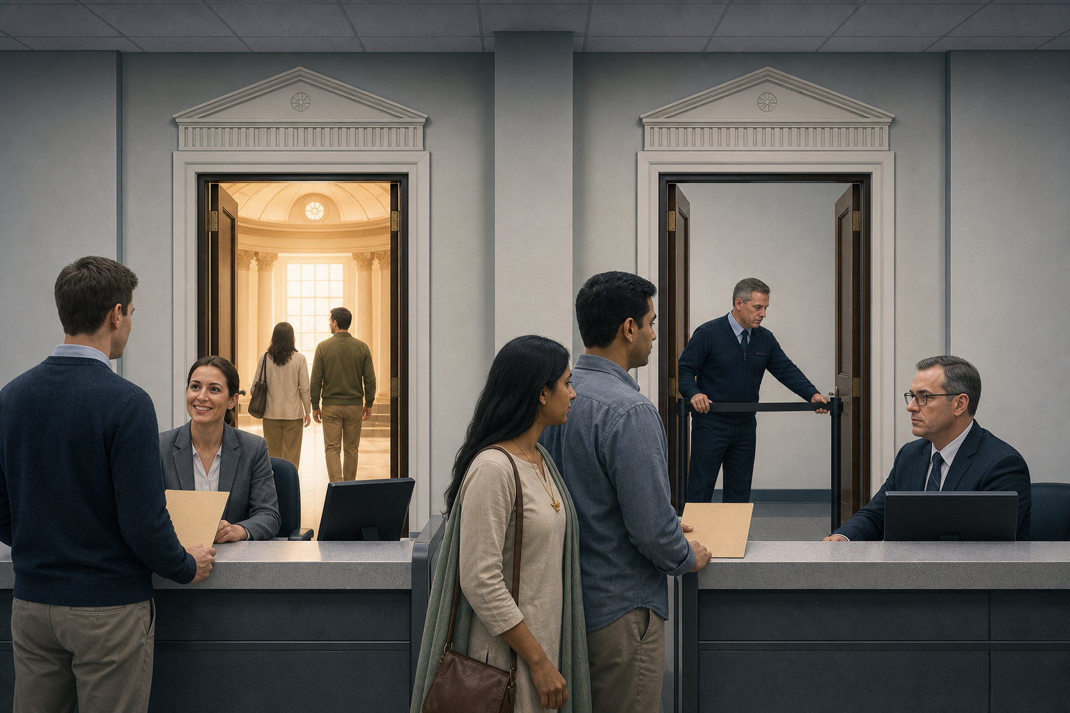 Editorial illustration of two couples presenting identical folders at adjacent public-service counters while an official blocks the doorway in front of the Hindu American couple and welcomes the other applicants.