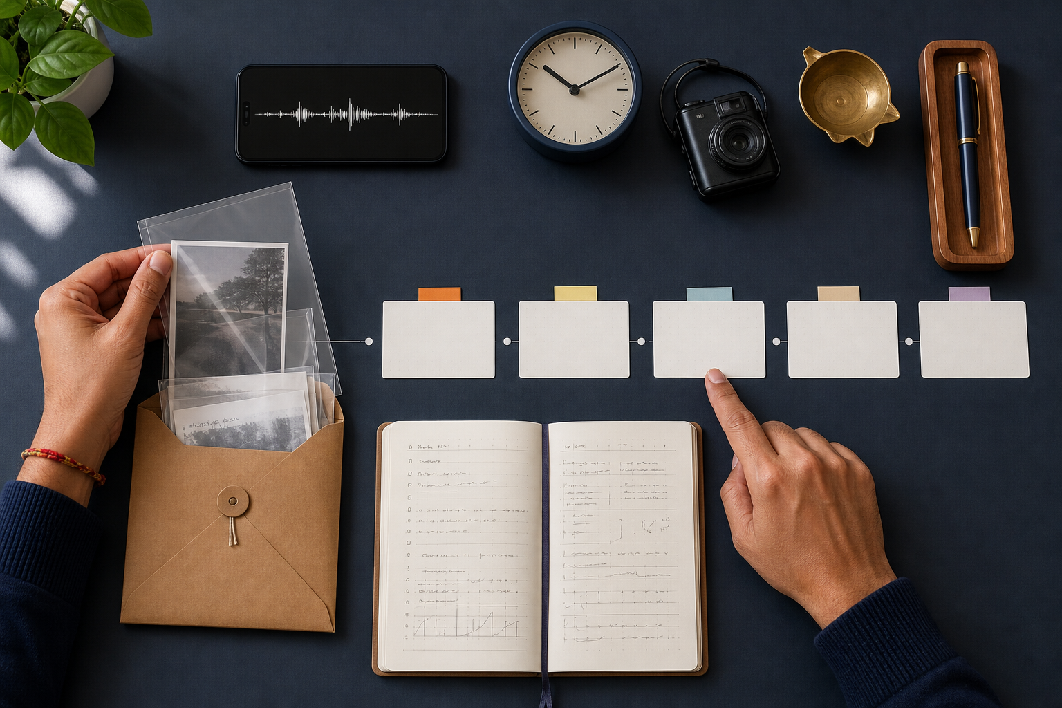 Overhead view of hands organizing a phone, clock, camera, blank evidence cards, notebook, envelope, and protective sleeve on a desk beside a small brass diya.