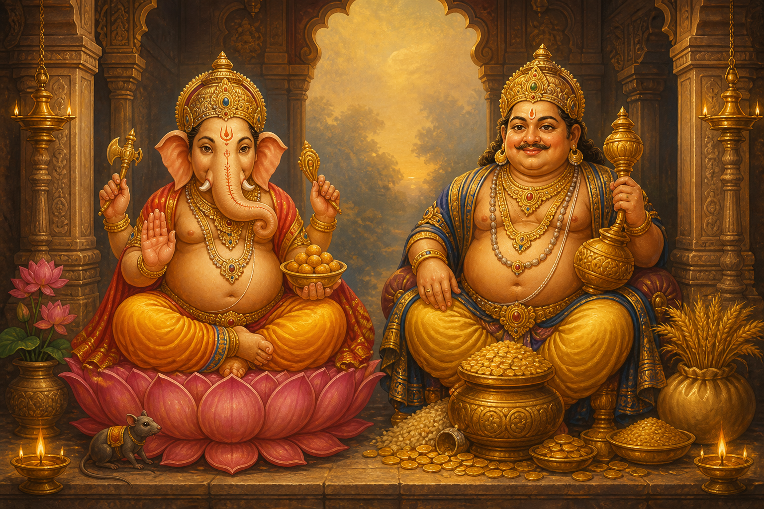 Ganesha and Kubera sit in a temple-inspired setting, each depicted with a rounded abdomen and traditional attributes of wisdom and wealth.