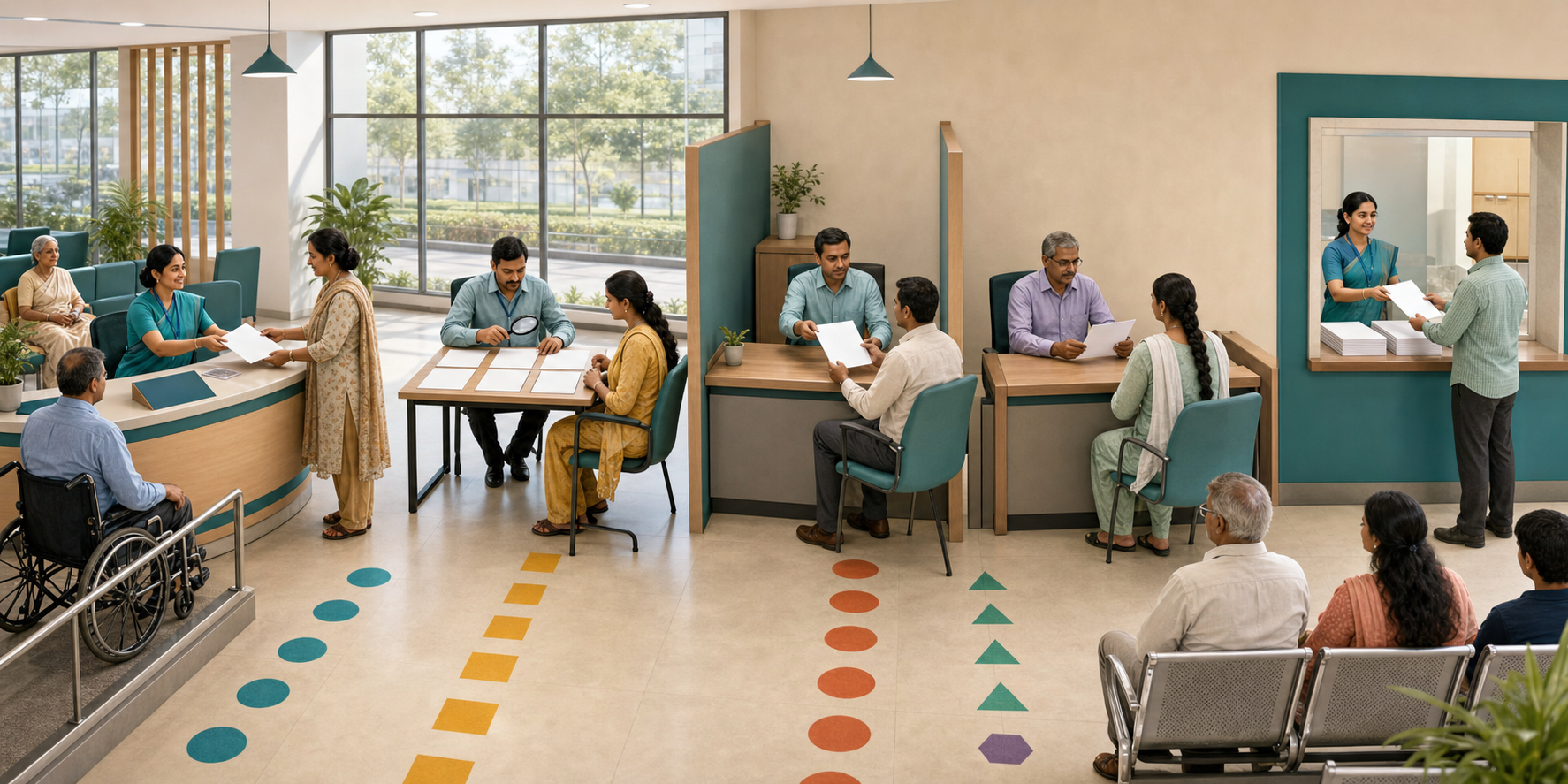 An Indian public service center shows successive intake, evidence review, decision, appeal, and benefit-delivery stations.