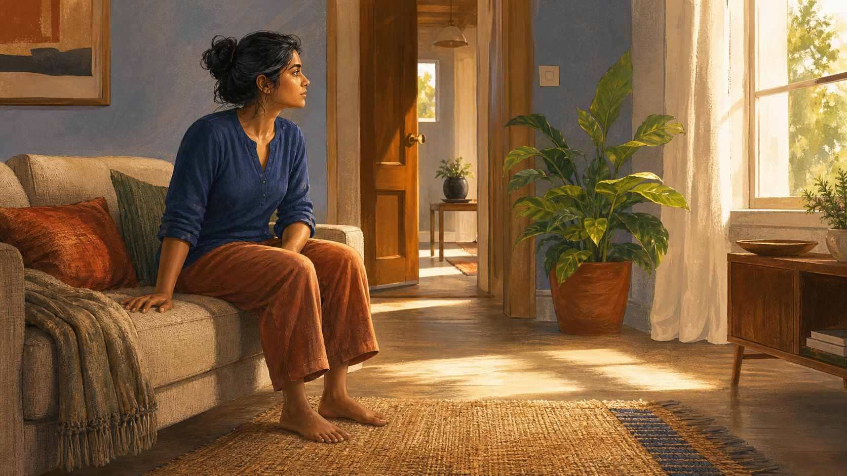 An adult sits with both feet on a rug and one hand on a sofa while looking toward a sunlit window and open doorway.