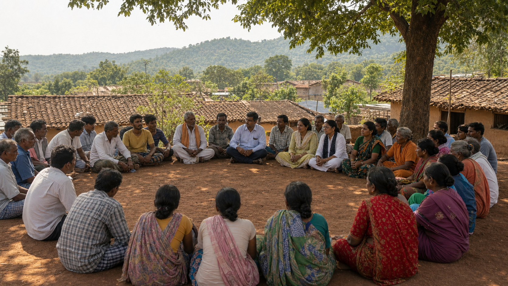 Village residents, elders, faith workers, and an administrator sit in a circle for a gram sabha meeting beneath a tree in Chhattisgarh.