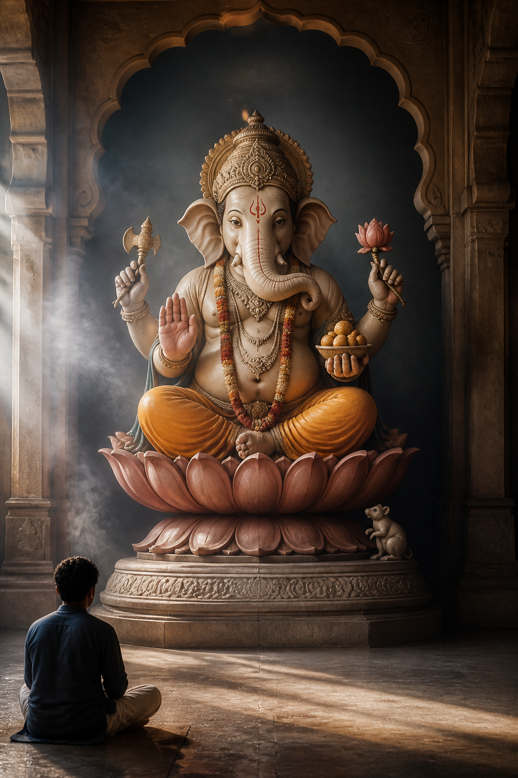 A visitor observes a full Ganesha murti whose trunk, gestures, rounded belly, sweets, lotus seat, and mouse are visible together.