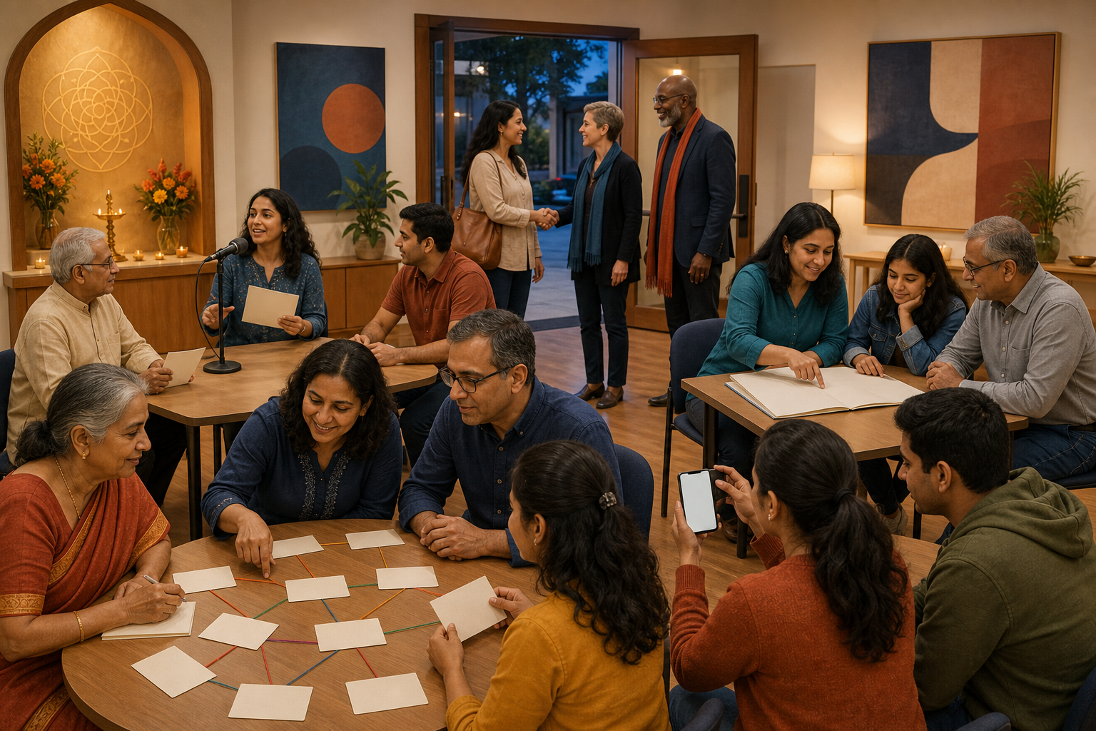Hindu American adults and interfaith allies participate in a community workshop with public-speaking practice, curriculum review, incident documentation, and blank contact cards arranged around a community hall.