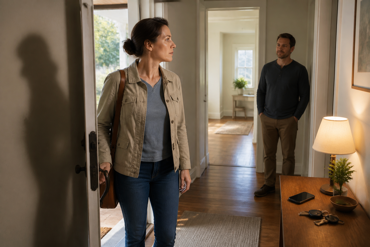 An adult looks around a living room while keeping both feet on the floor and reaching for a glass of water.