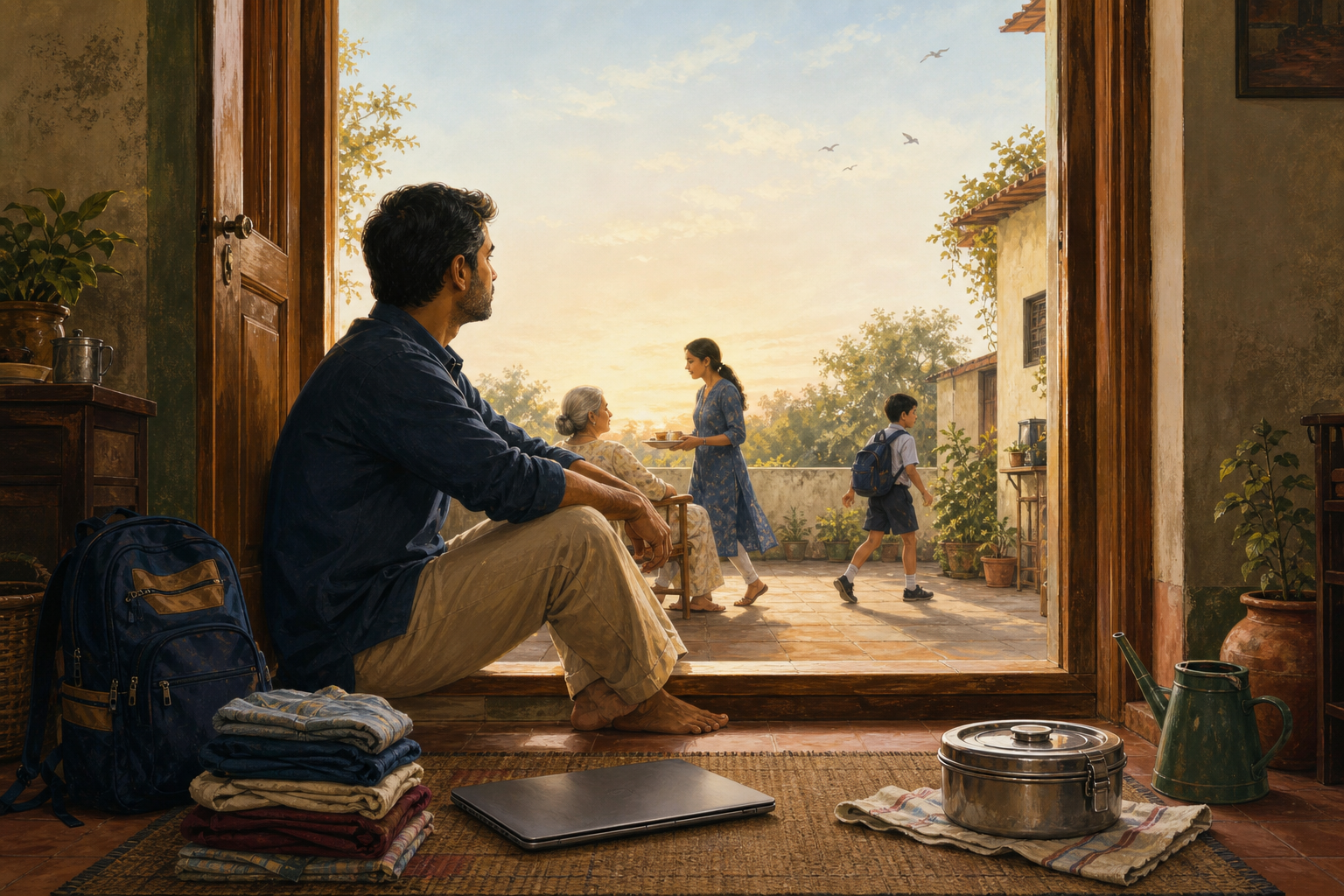 A person sits calmly at the threshold of a contemporary Indian home, surrounded by everyday family, work, and caregiving objects in the morning light.