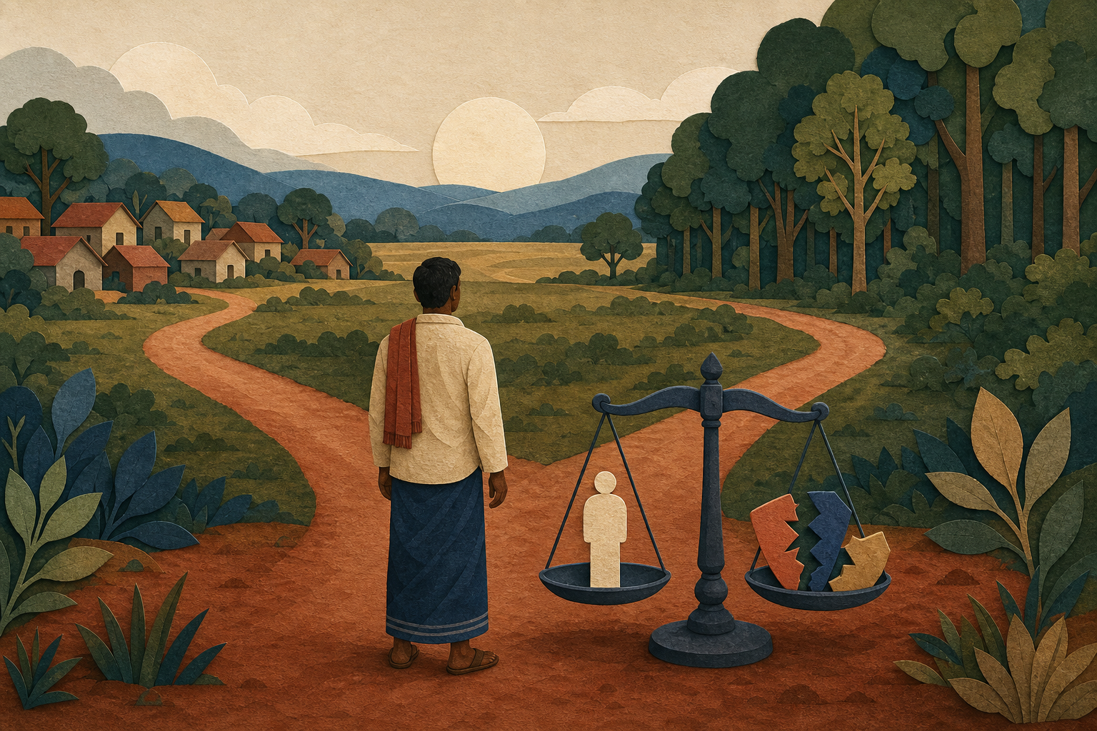 Villagers and a legal-services worker examine a blank hoarding near the entrance to a Chhattisgarh village.