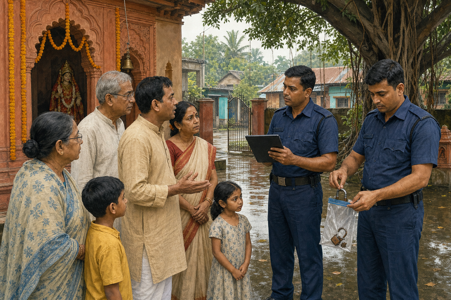 Editorial illustration of a Hindu family speaking with police officers who document a broken padlock in a temple courtyard in Bangladesh.