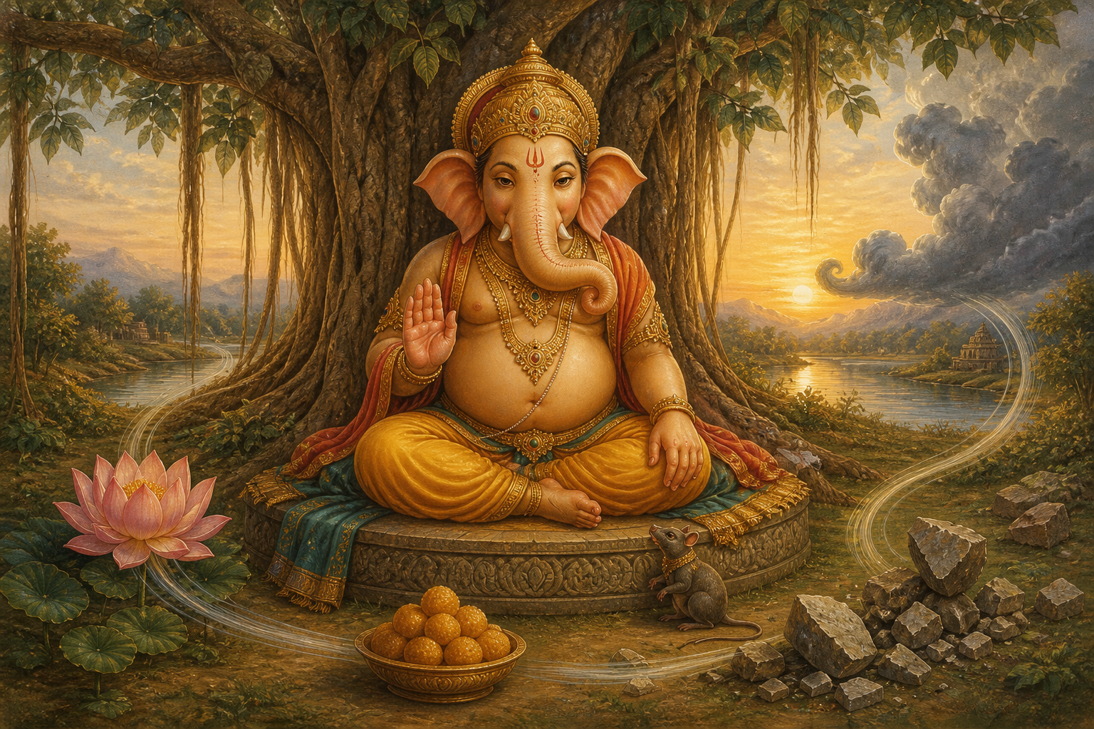 Meditating Ganesha sits beneath a banyan tree with a rounded abdomen, surrounded by a lotus, sweets, scattered stones, monsoon clouds, and a small mouse.