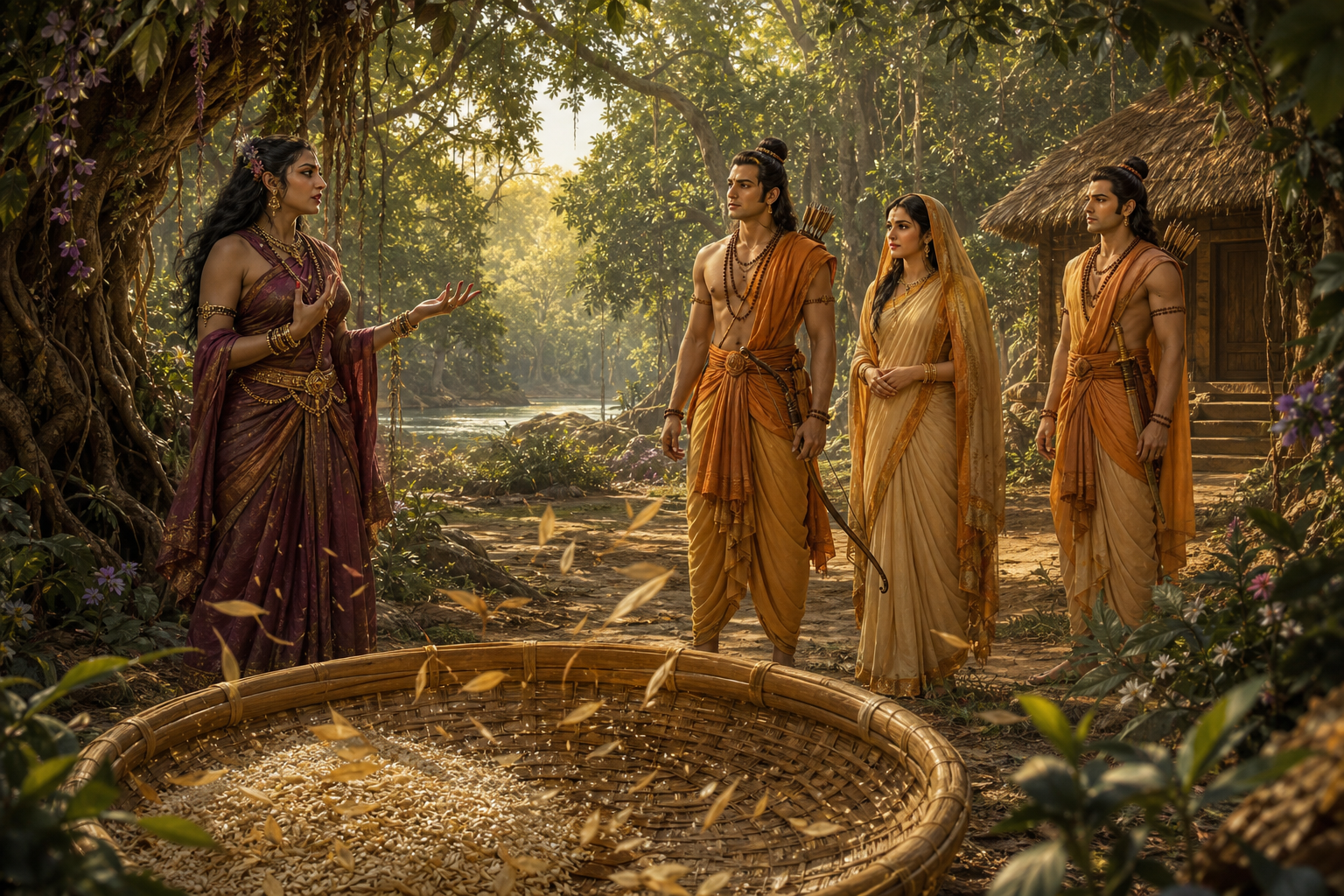 Surpanakha faces Rama, Sita, and Lakshmana in a Panchavati forest clearing, with a woven winnowing basket of grain and husks in the foreground.