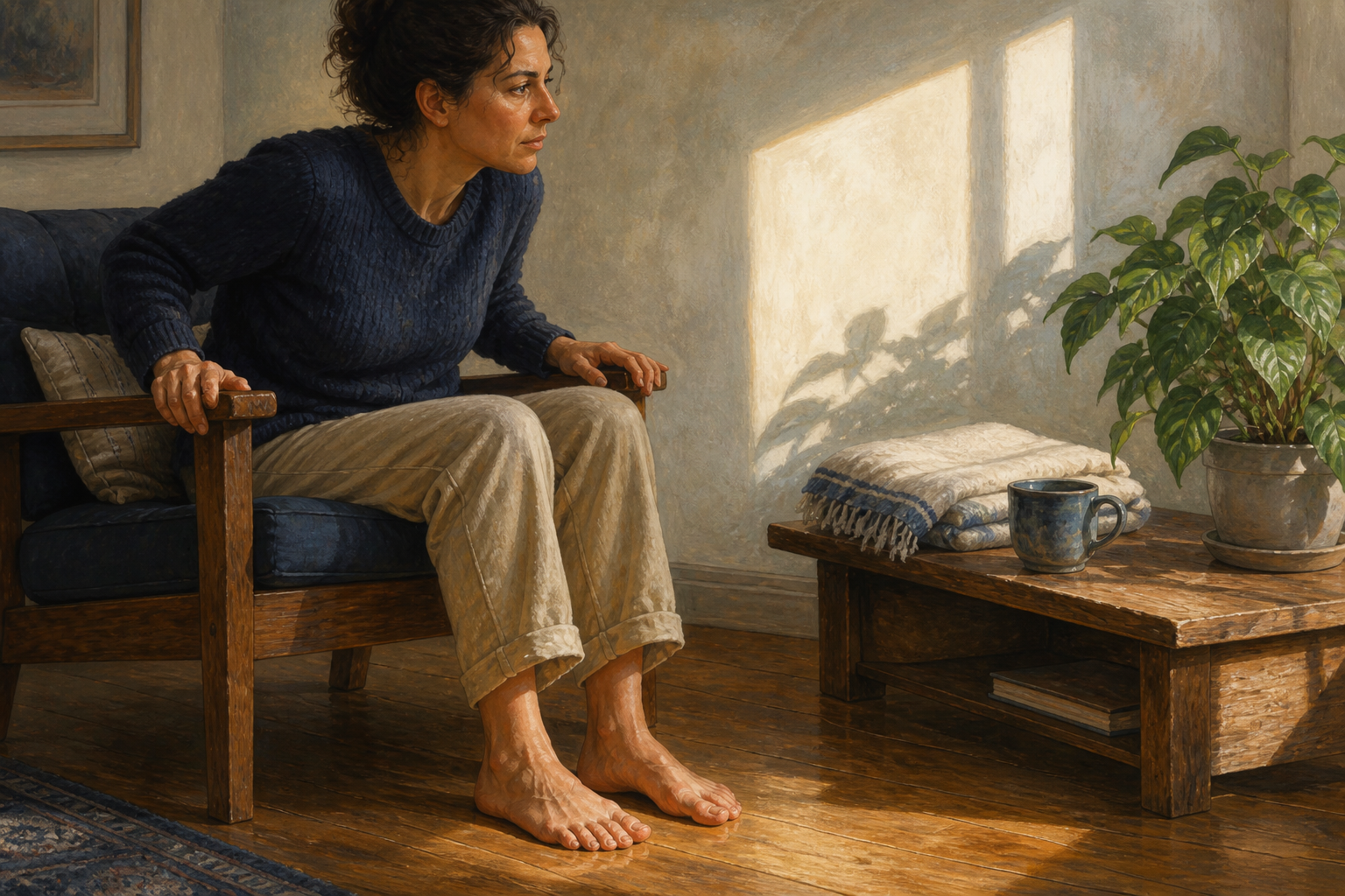 A person's hands arrange shoes, water, a snack, headphones, a sweater, and a face-down phone beneath a warm lamp.