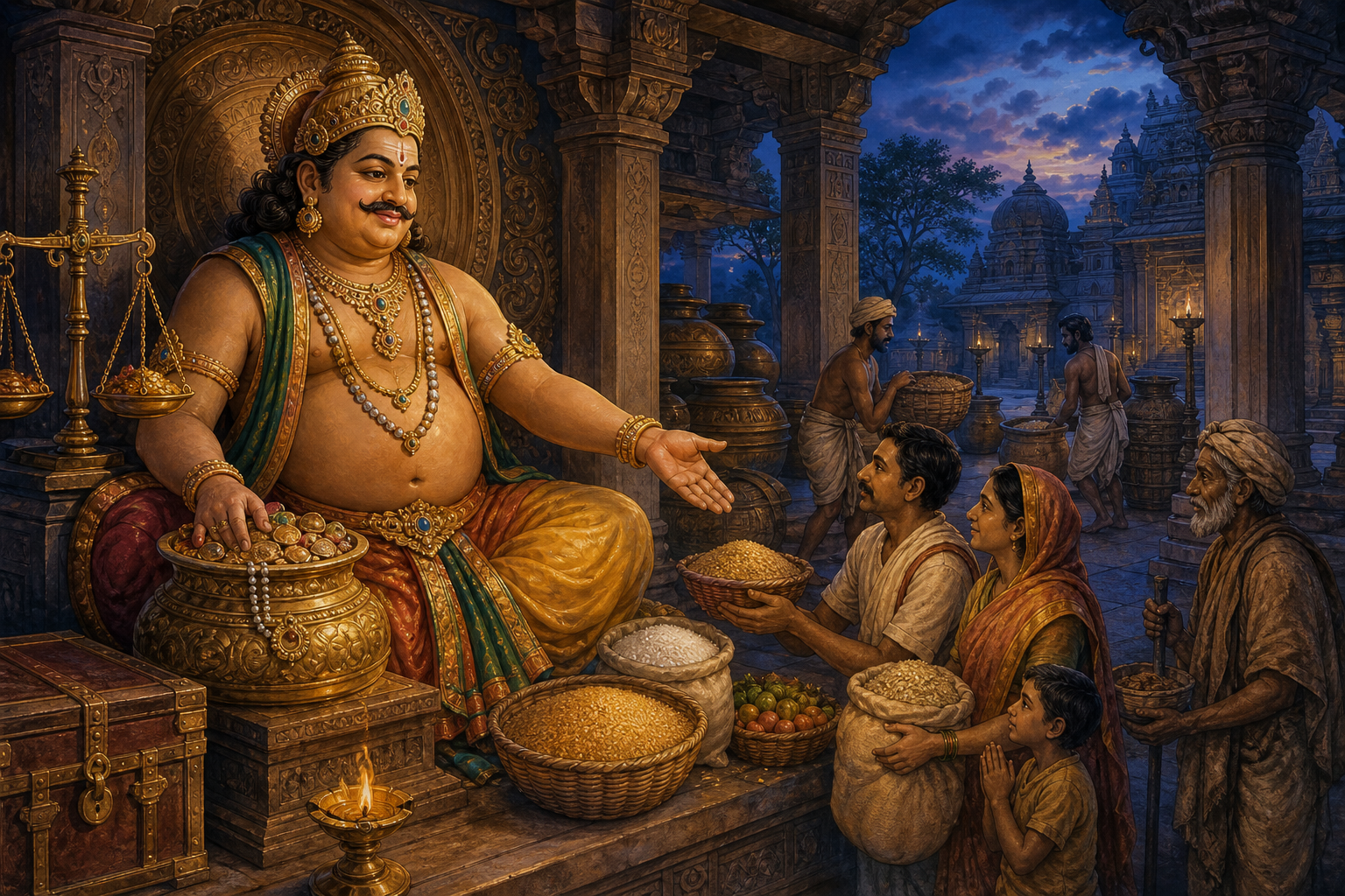 Kubera sits in a treasury pavilion beside coins, gems, and grain while provisions are distributed to people nearby.