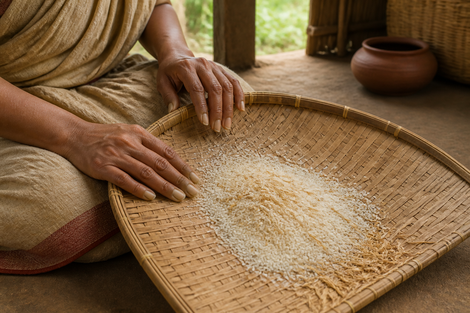 A woven winnowing tray with rice grain and husks sits beside a woman's hand with long, broad nails in a forest dwelling.