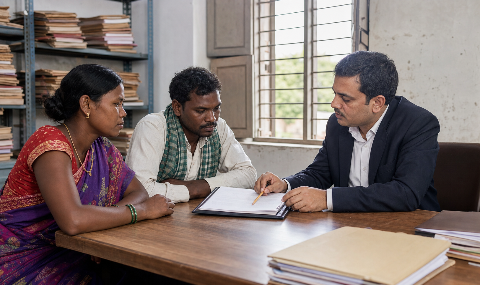 Women and men participate in a gram sabha discussion inside an open village pavilion in Chhattisgarh.