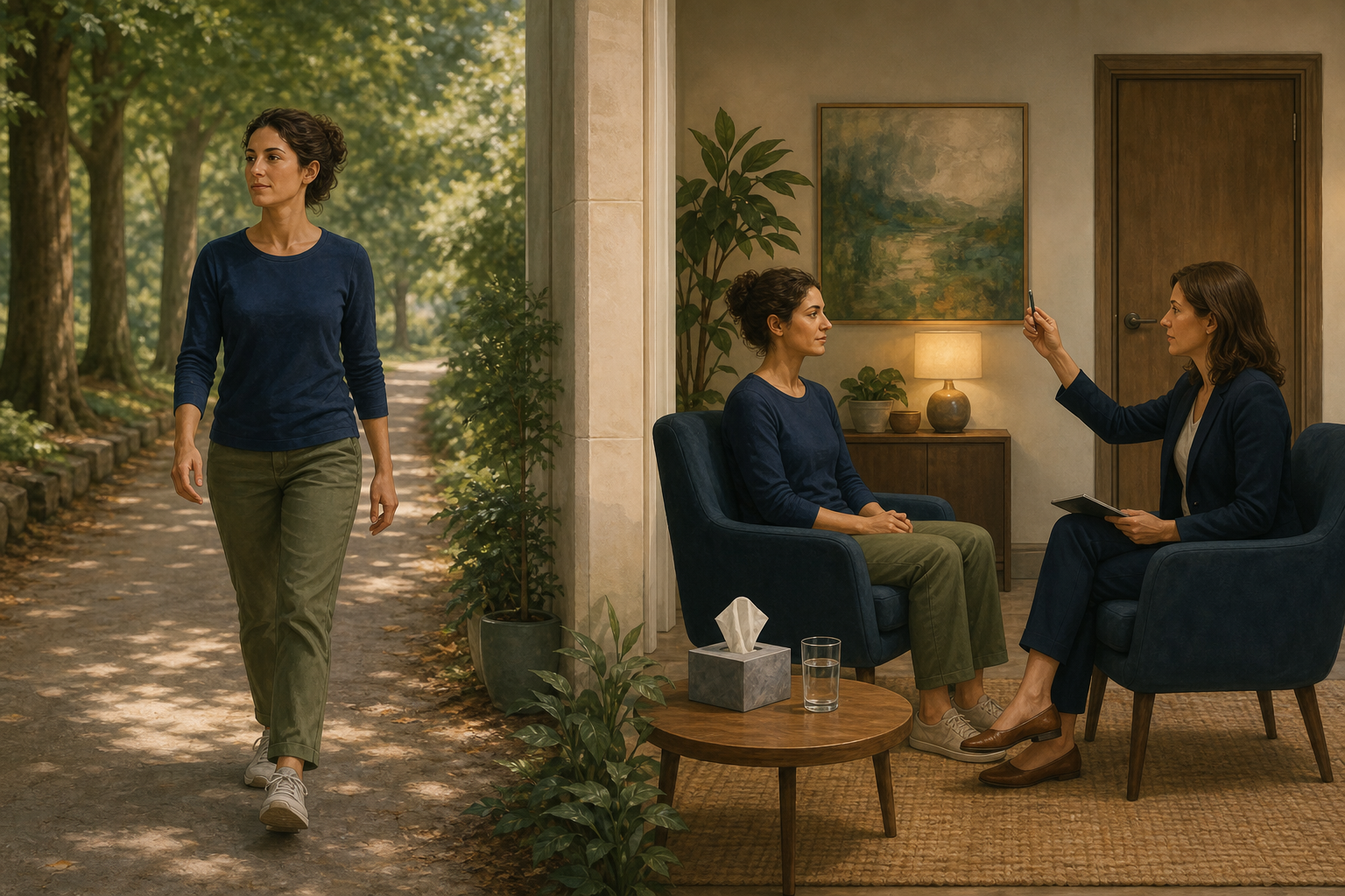 A therapist and an adult client sit in separate chairs during a guided side-to-side attention exercise in a quiet counseling room.