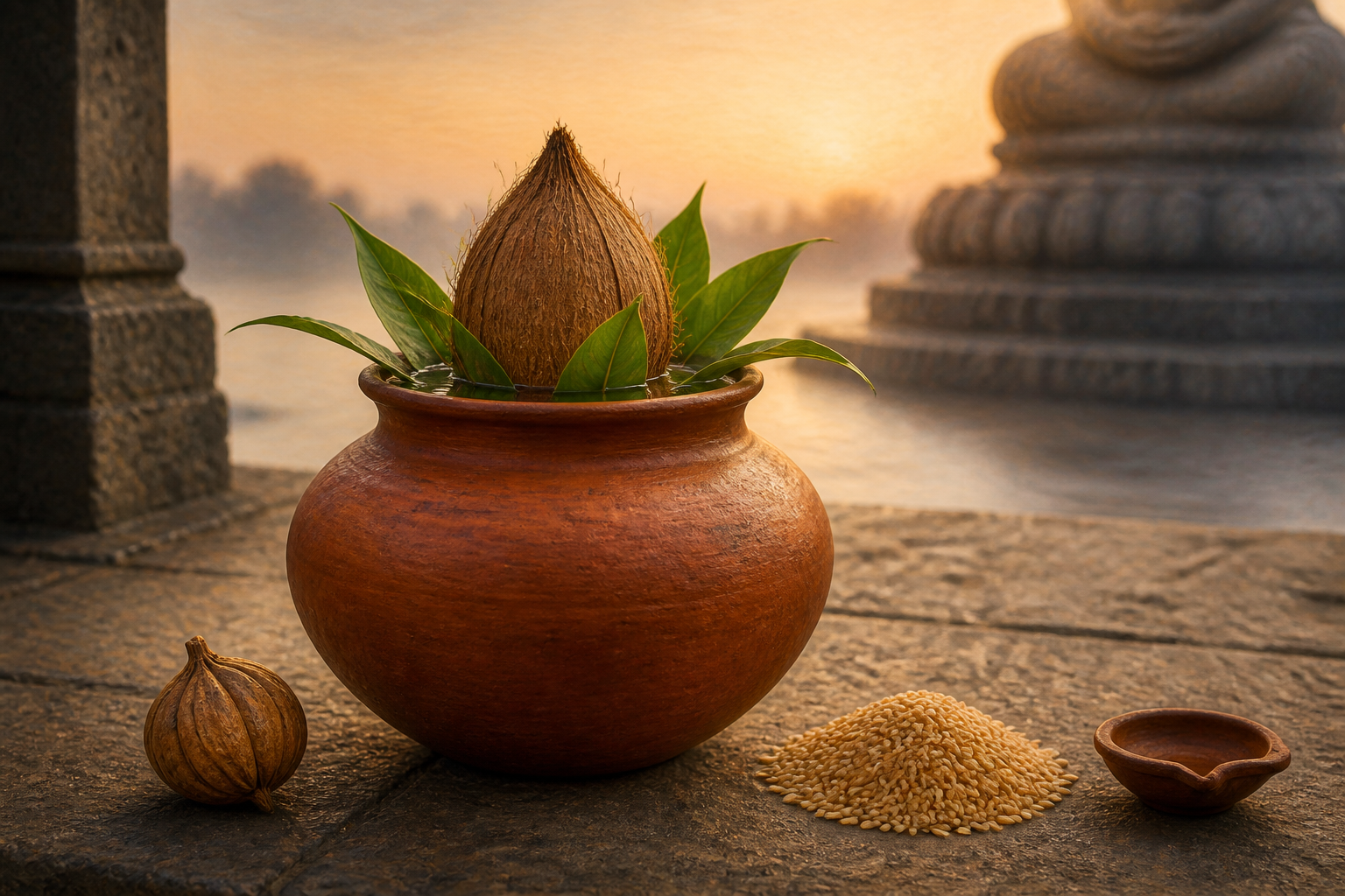 A rounded ceremonial water vessel with leaves and a coconut stands beside grain, a seed pod, and an oil lamp on a stone threshold.
