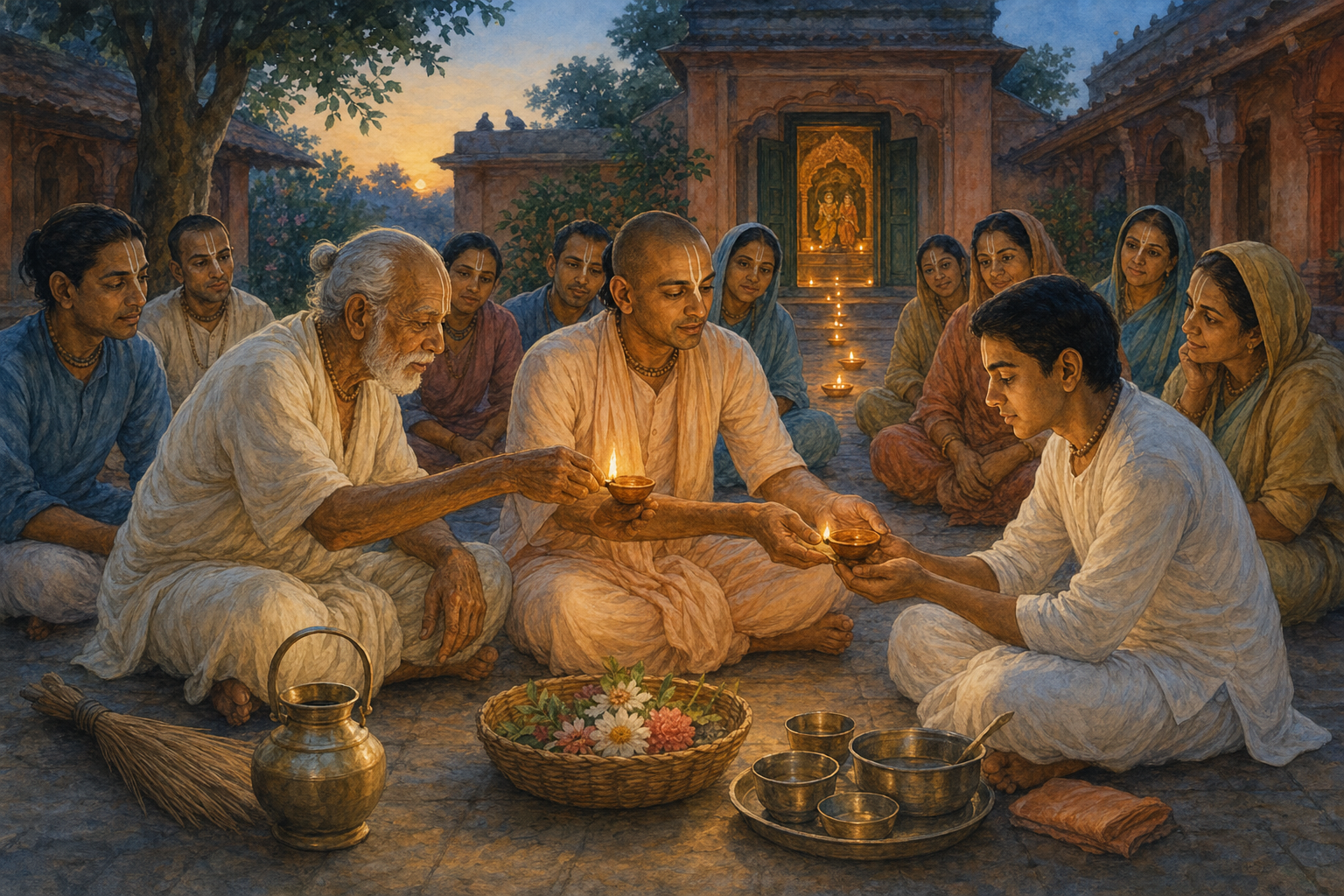 An elder passes a lamp flame through a spiritual teacher to a younger seeker while a Gaudiya Vaishnava community observes in a temple courtyard.