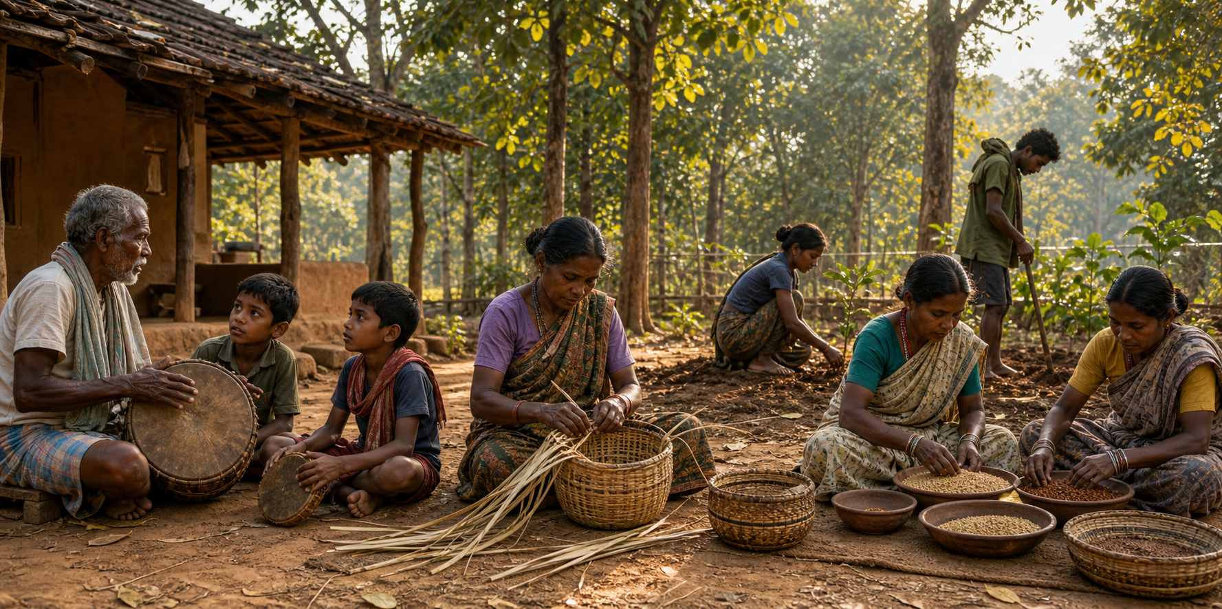Three generations share music, basket weaving, millet seeds and tree planting in a forest-edge Chhattisgarh village.