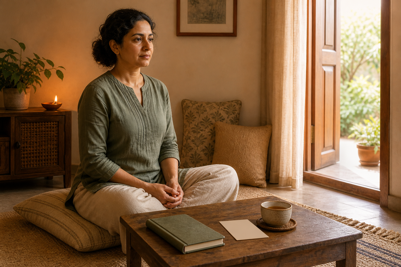 An adult meditates on a cushion beside a small oil lamp, tea, a closed journal, and a blank appointment card.