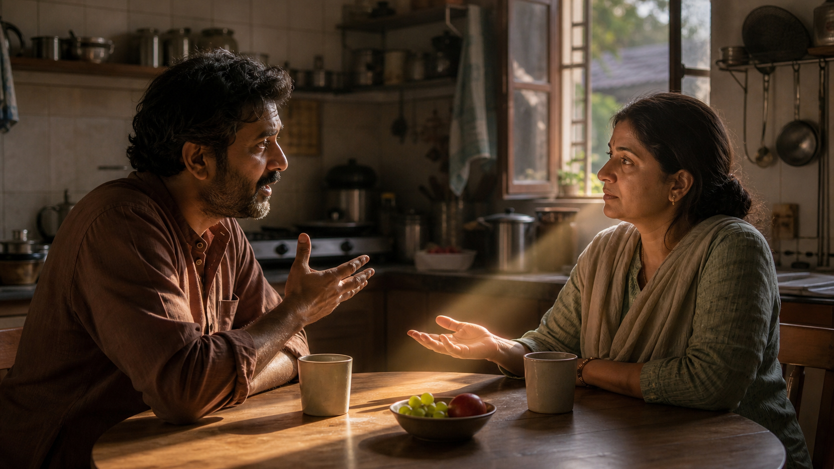 Two relatives have a tense conversation at a kitchen table while one pauses and listens before responding.
