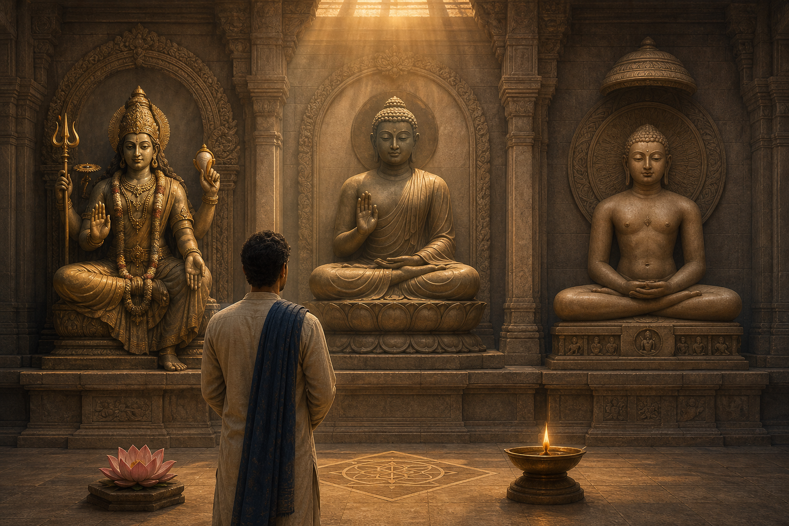 A visitor quietly observes distinct Hindu, Buddhist, and Jain sacred images arranged in a softly lit stone sanctuary.
