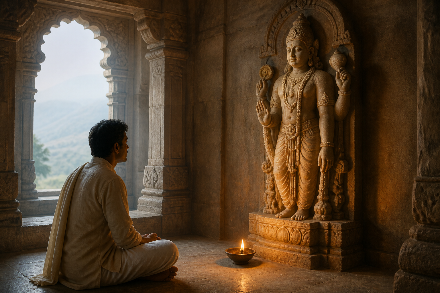 A seated observer studies the posture, hands, pedestal, and surrounding space of a sacred sculpture in a quiet temple alcove.
