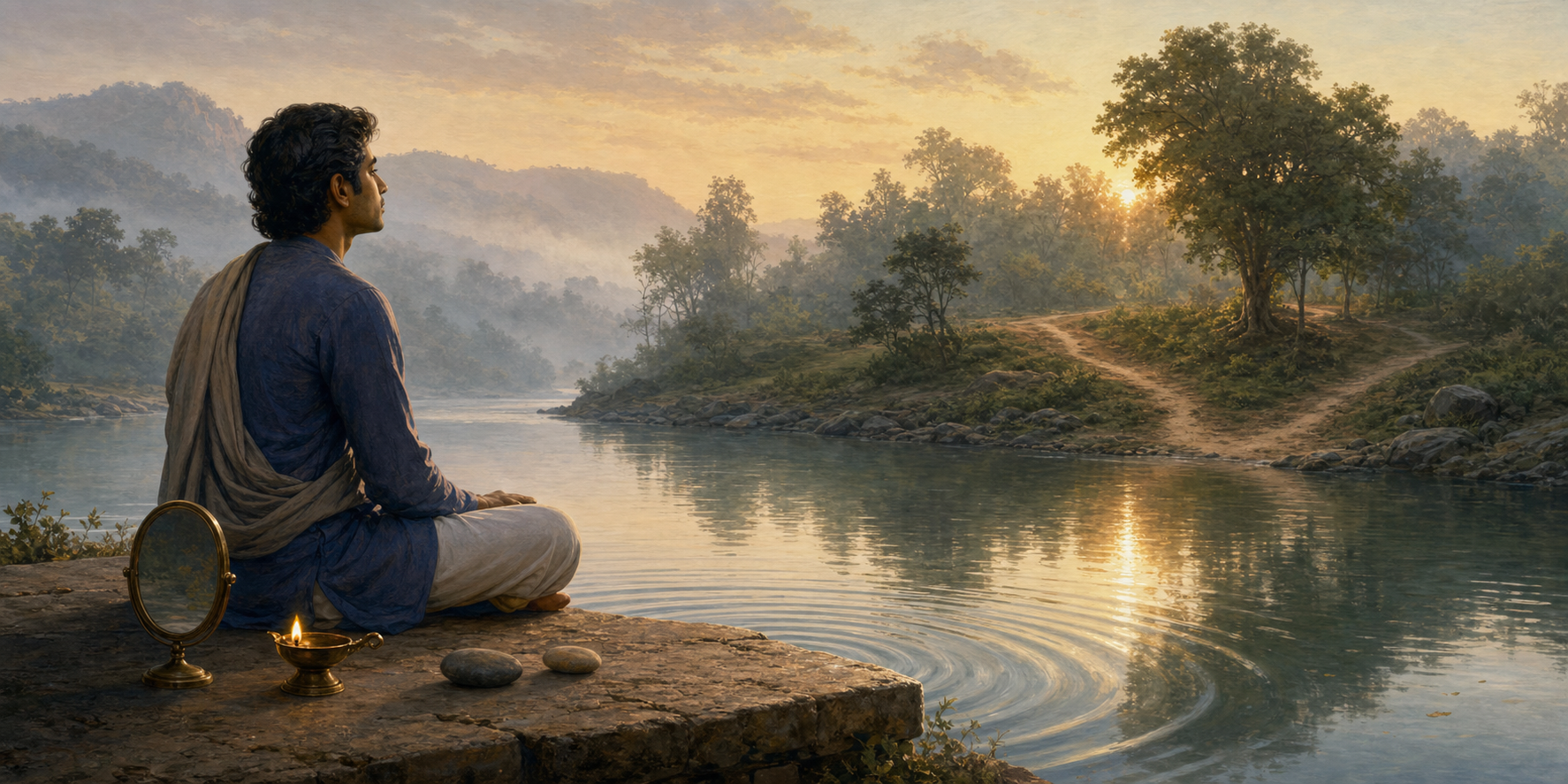 A seated person watches a calm river at dawn beside an oil lamp, a bronze mirror, and two stones, with a branching path visible across the water.