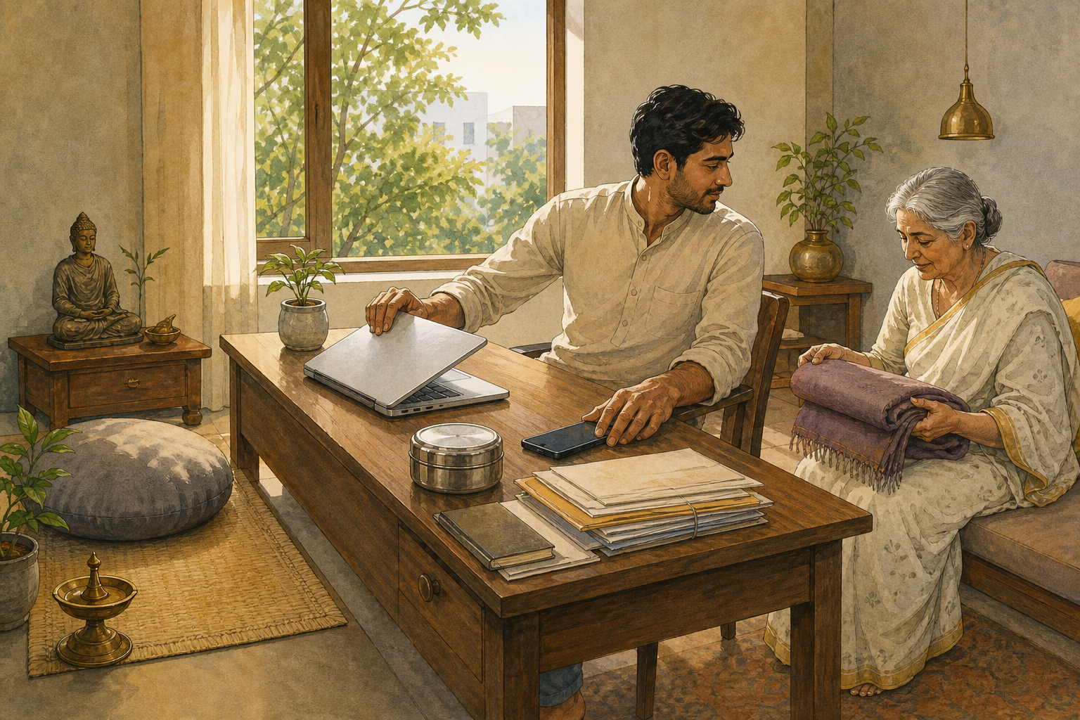 A person turns away from a laptop and phone to help an elderly family member, with a meditation cushion and household objects nearby.