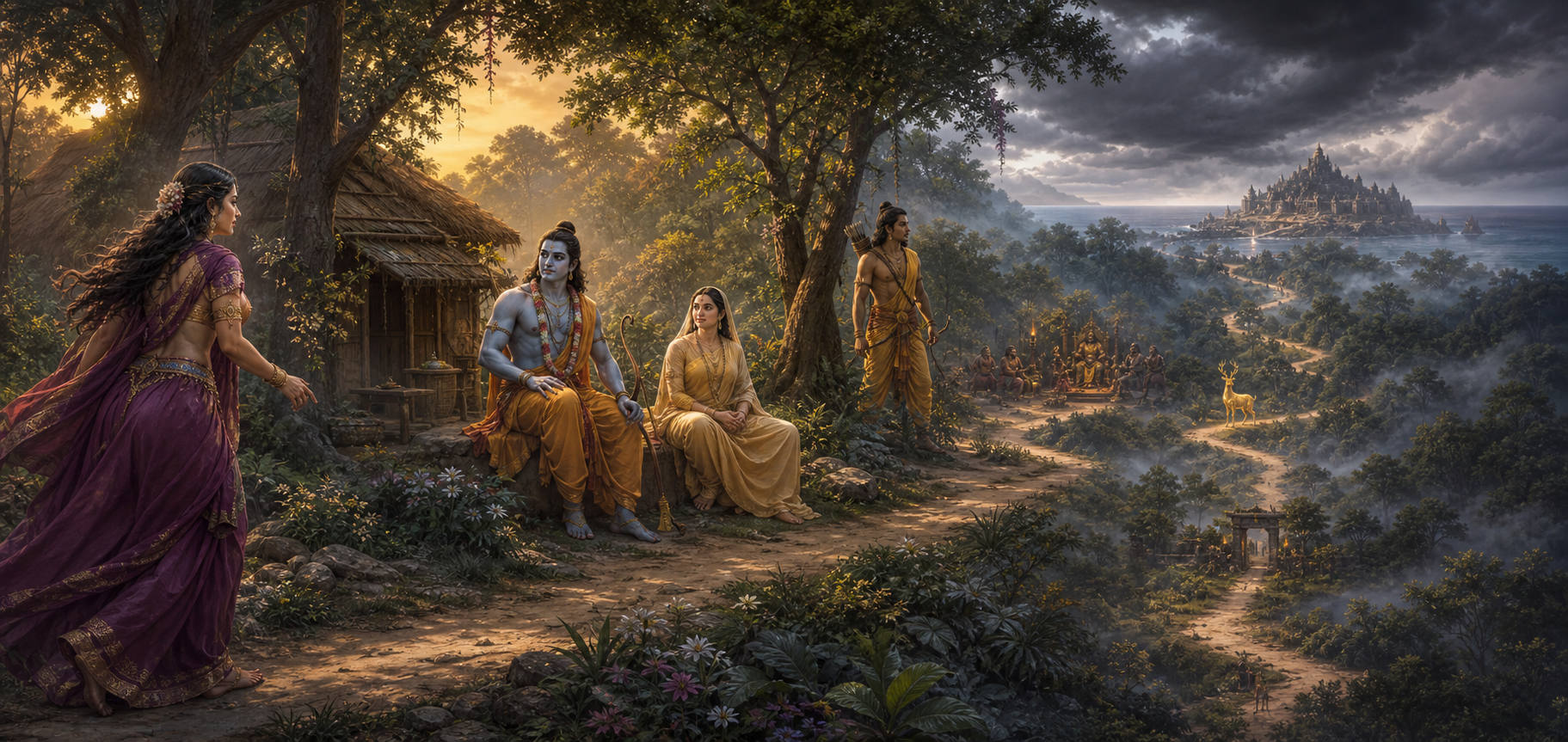 A panoramic Panchavati scene follows a winding forest path from Surpanakha's approach to the hermitage toward distant signs of the conflict that follows.