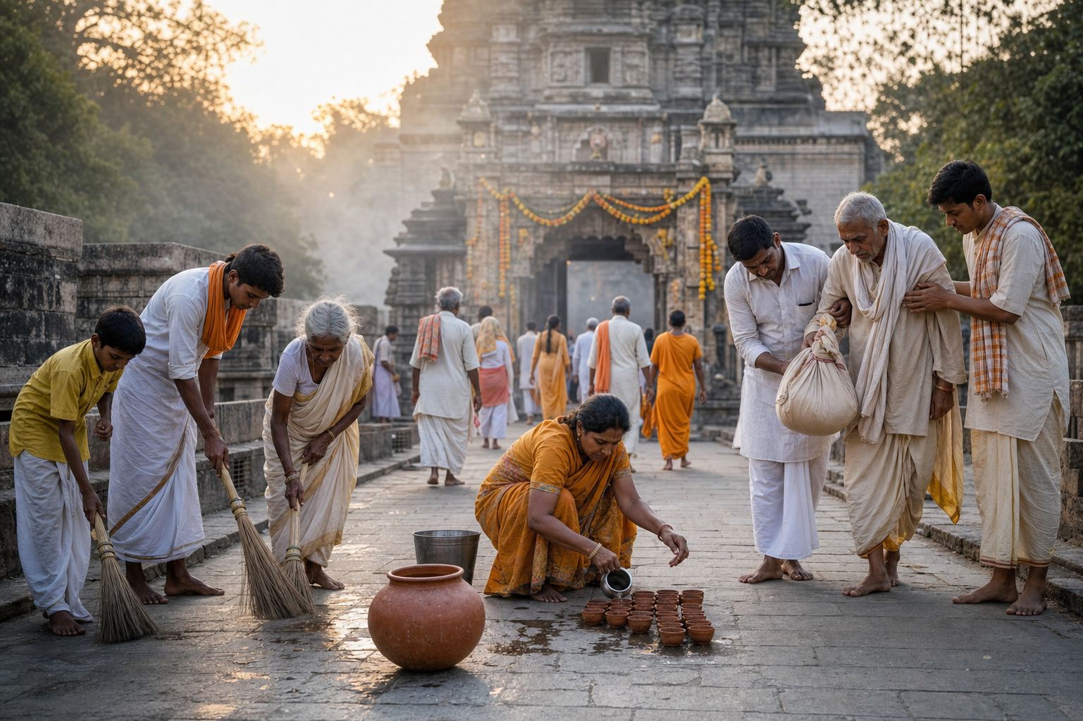 Pilgrims sweep a stone path, offer water, and help an older traveler near a temple at dawn.