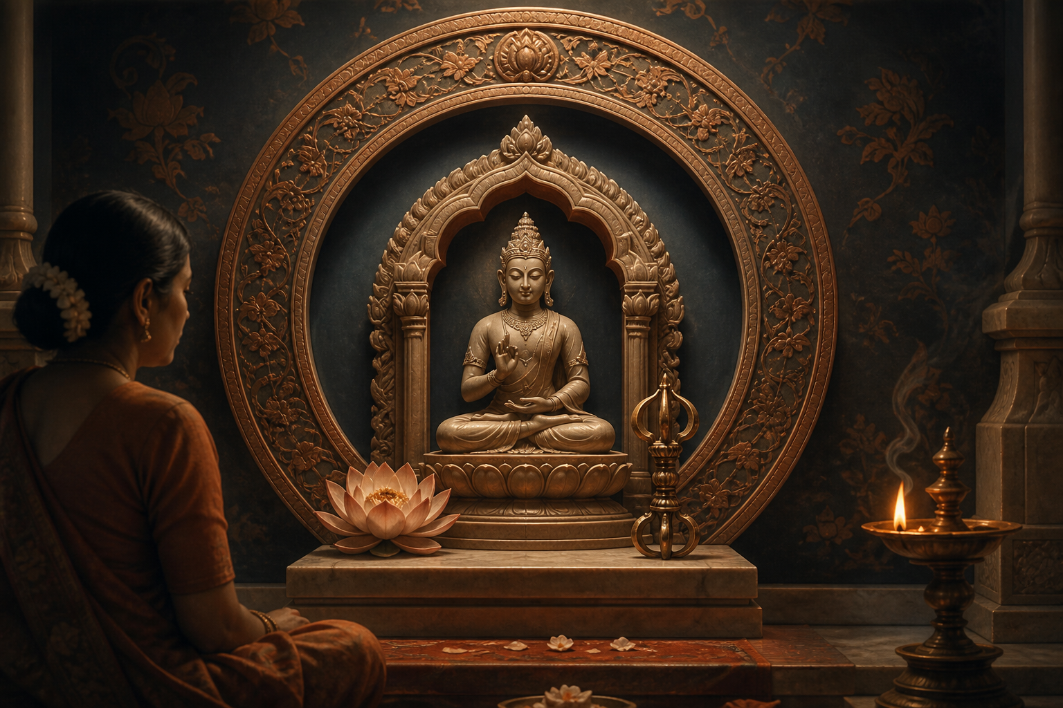 A sacred figure, gesture, symbolic objects, architectural setting, lamp, and devotee are arranged as connected visual layers.