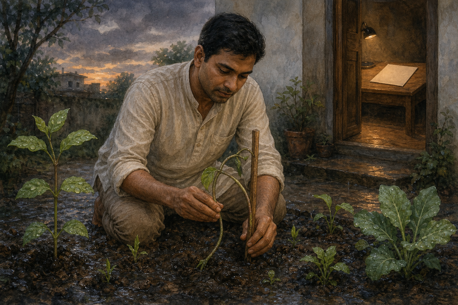 A kneeling gardener supports a bent young plant among healthy leaves and new shoots after a storm.
