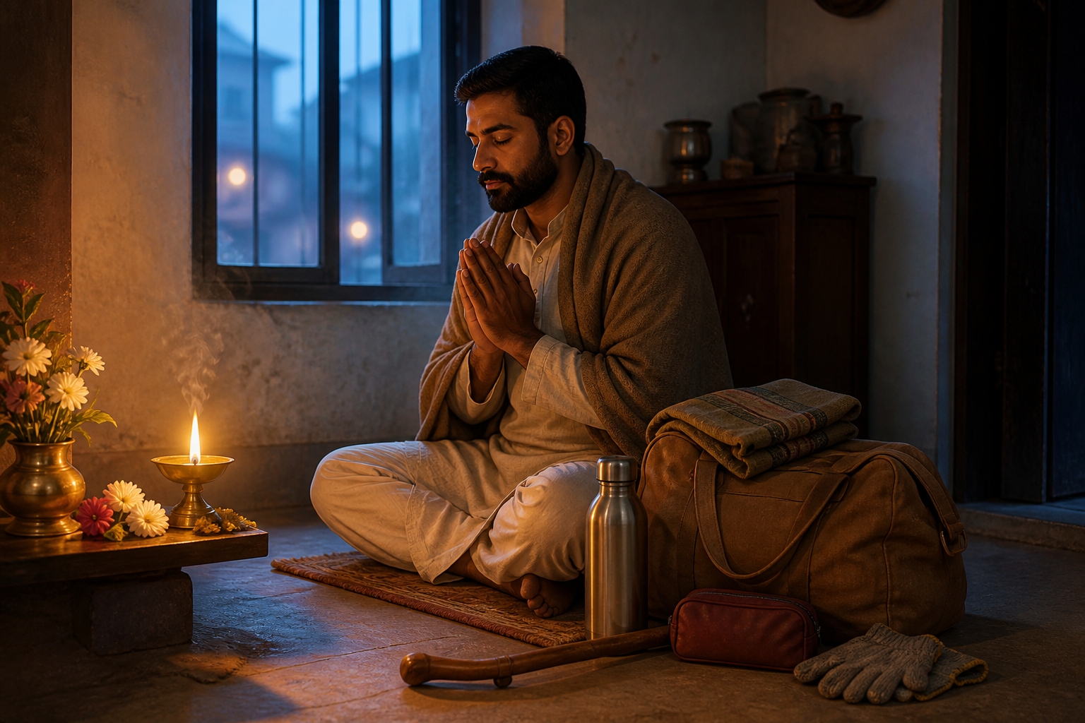 A pilgrim prays beside a packed travel bag, walking staff, water bottle, gloves, and first-aid pouch before dawn.