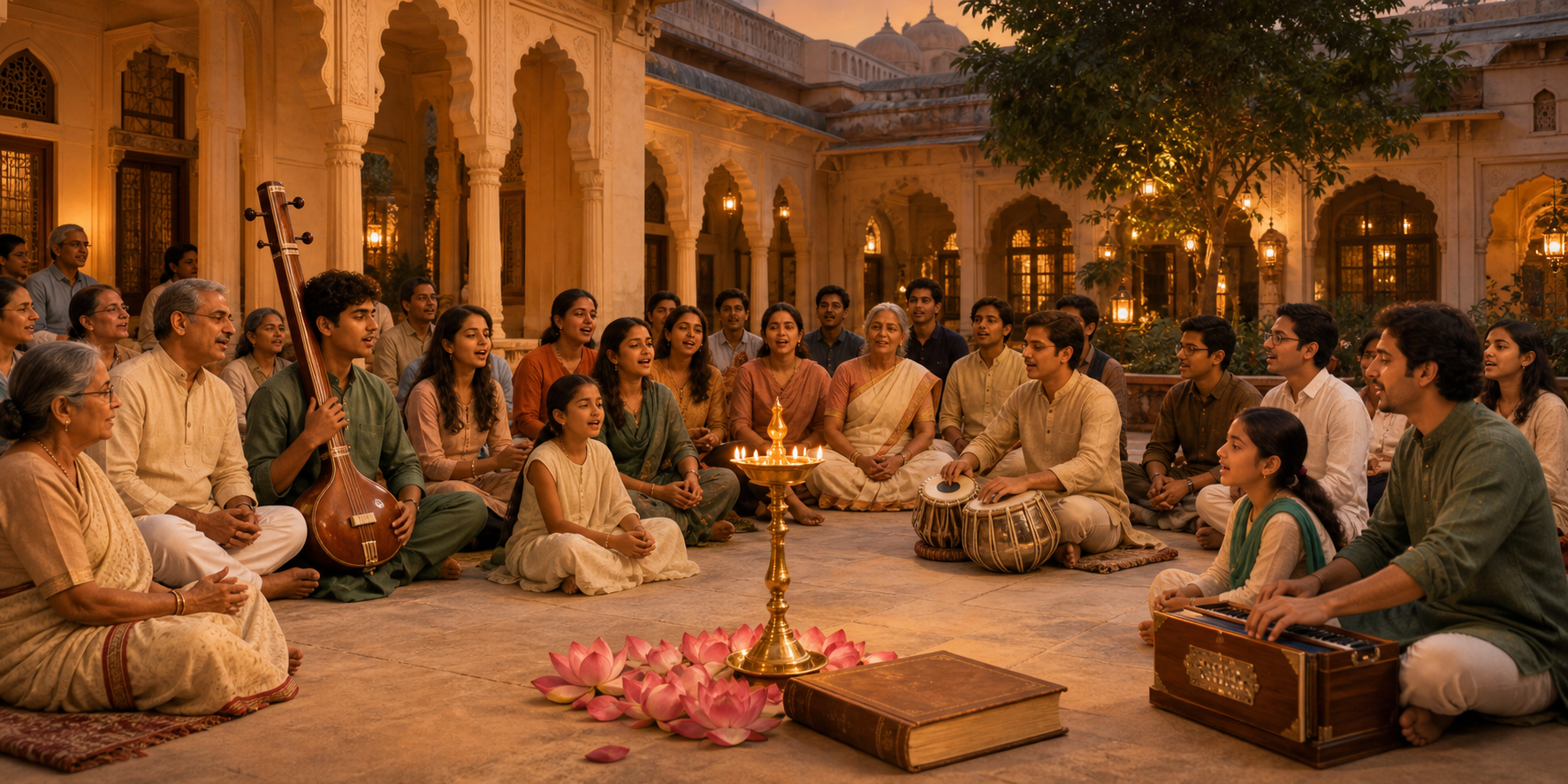 Children, young adults and elders sing together with Indian classical musicians in a heritage courtyard beside a brass lamp, an old book and lotus petals.