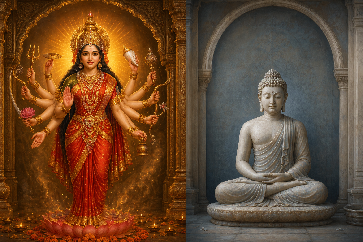 A diptych shows a balanced many-armed sacred figure beside a separate seated figure in calm, poised repose.