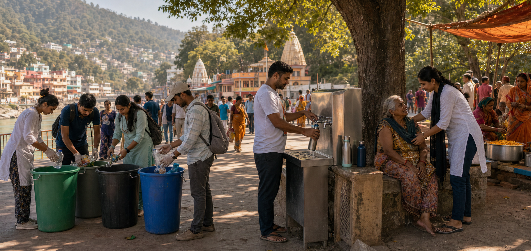Volunteers clean a pilgrimage route, refill water bottles, assist an older pilgrim, and prepare a communal meal.