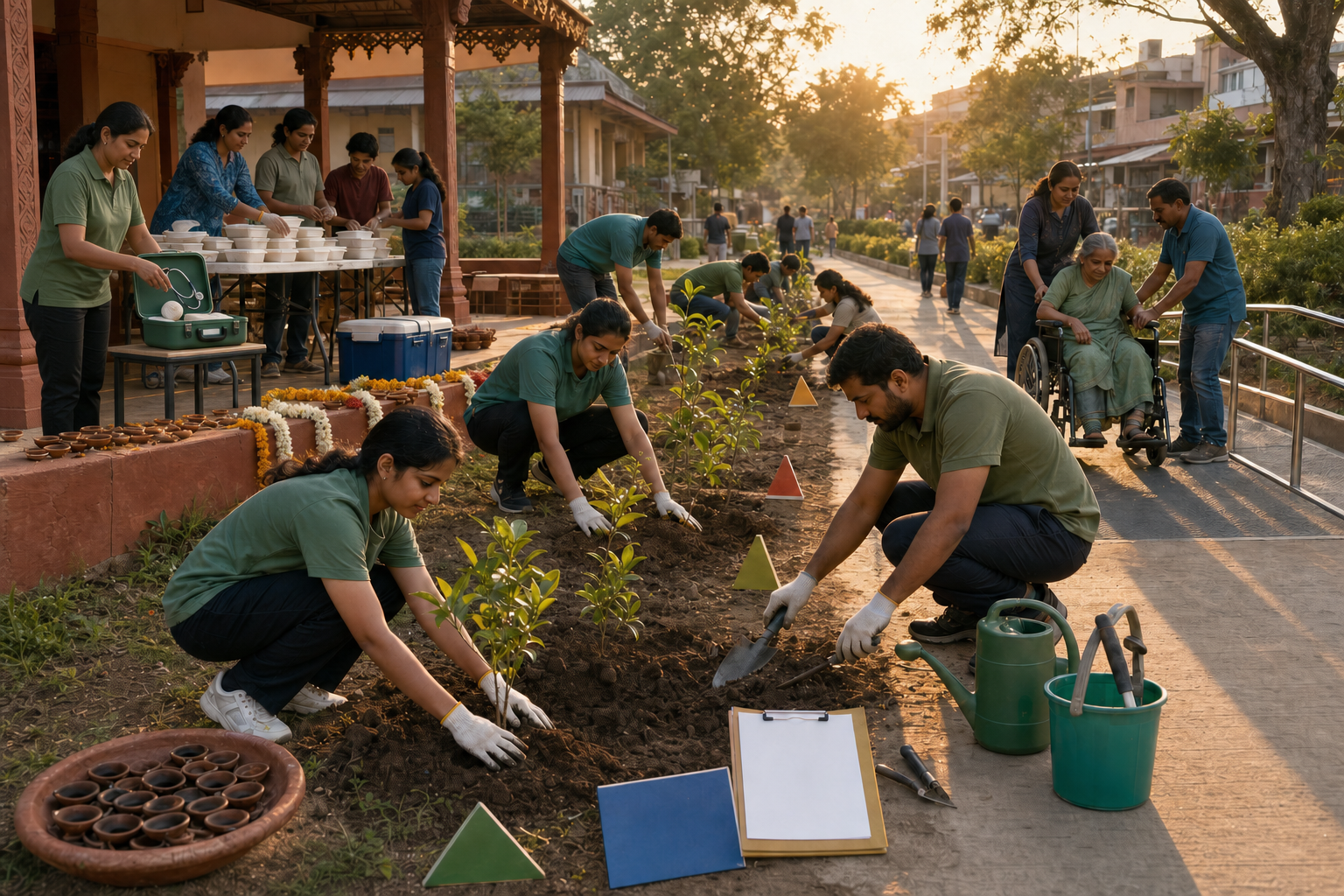 Volunteers leave a decorated ceremony pavilion to plant saplings, organise meals, staff a first-aid point, and assist a wheelchair user.